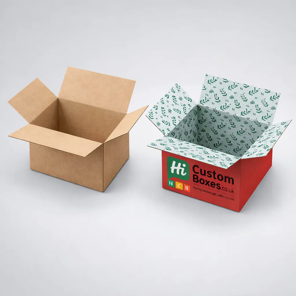 A standard brown delivery box next to a red box with a green leaf-patterned interior. class=